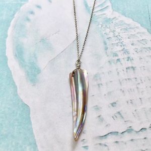 Mother of Pearl Shark Tooth Long Silver Necklace
